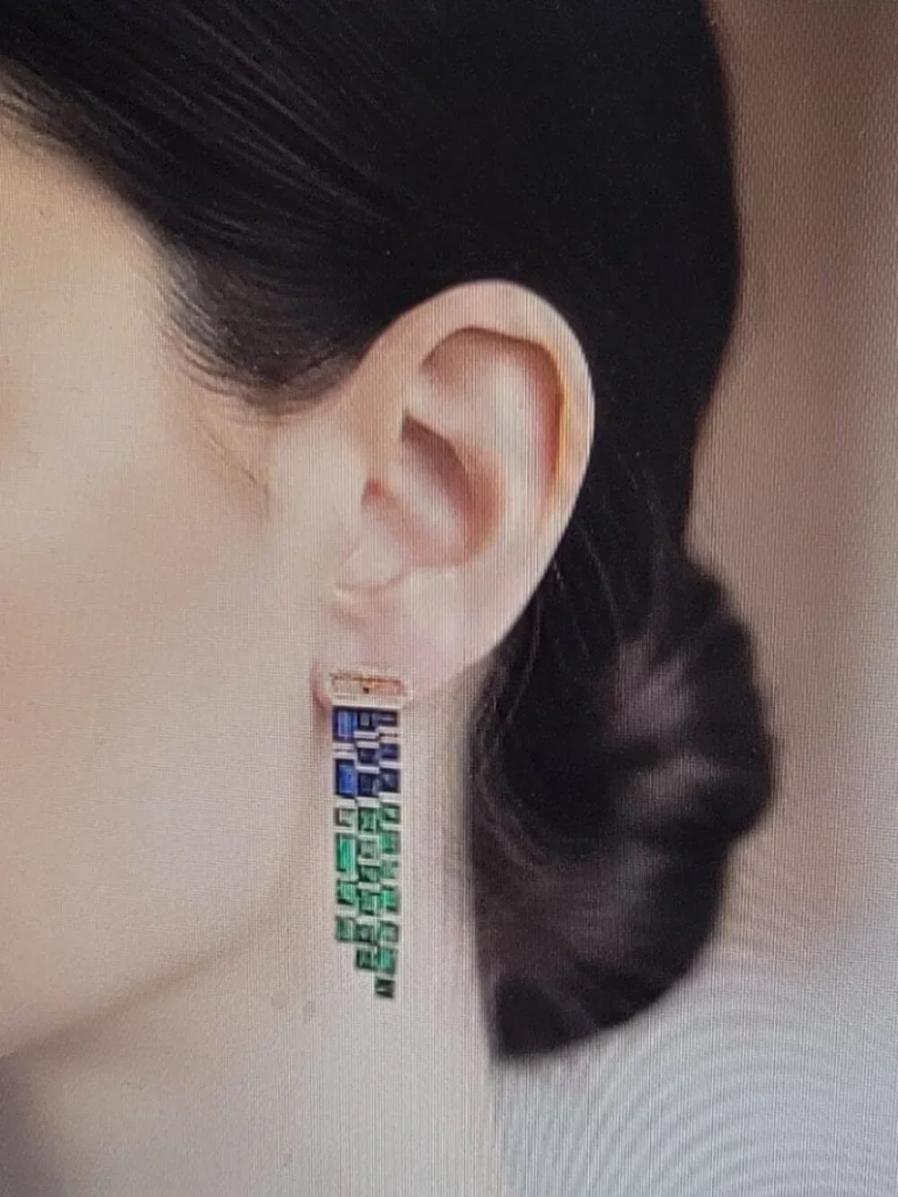 Blue and Green Glass, Simulated Diamond Earrings in Gold Tone